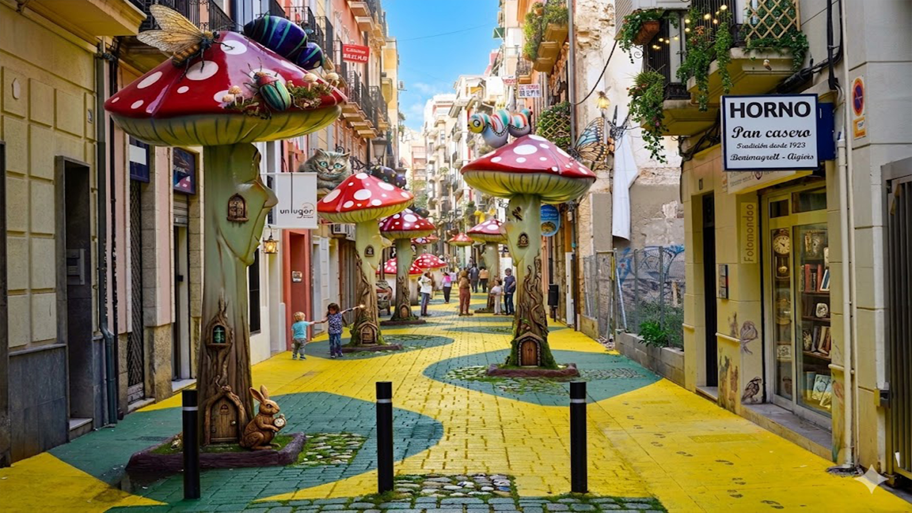 Calle colorida con setas decorativas.
